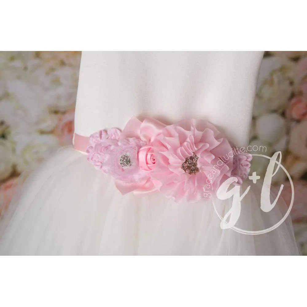 Flower Girl Sash Hand Beaded Flowers in Rose Pink