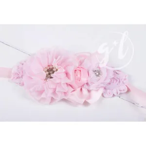 Flower Girl Sash Hand Beaded Flowers in Rose Pink