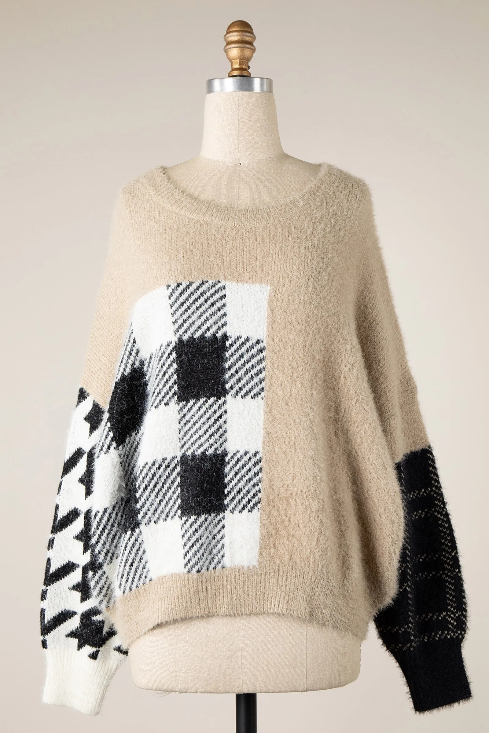 Fuzzy Multi Pattern Comfy Sweater