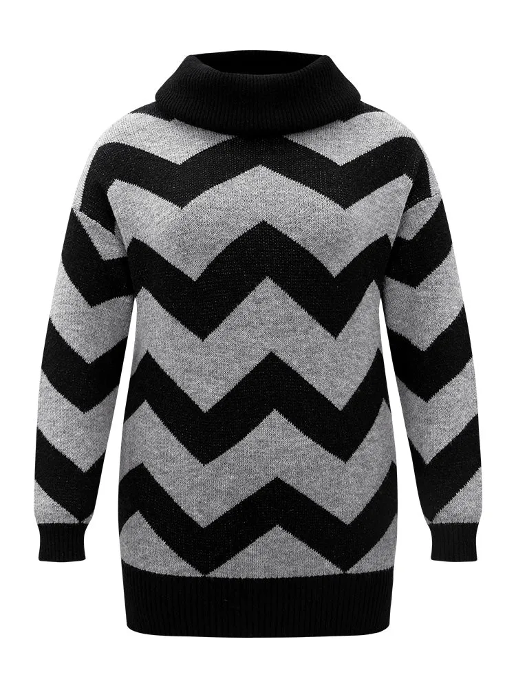 Geo Striped Turtle Neck Drop Shoulder Pullover