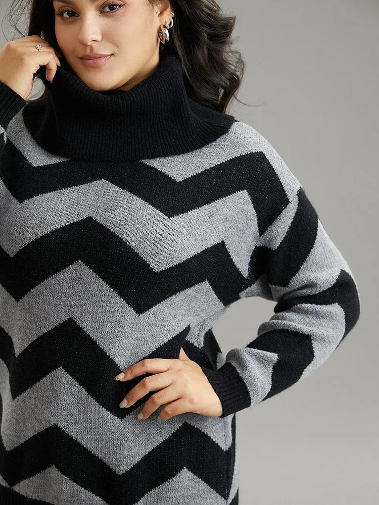 Geo Striped Turtle Neck Drop Shoulder Pullover