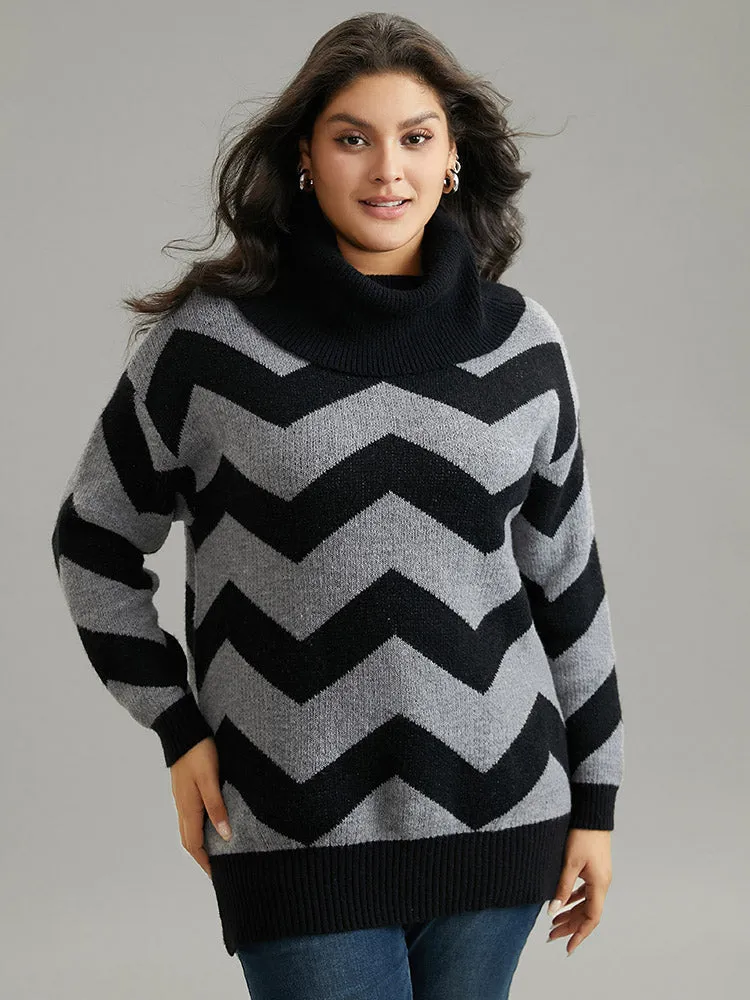 Geo Striped Turtle Neck Drop Shoulder Pullover