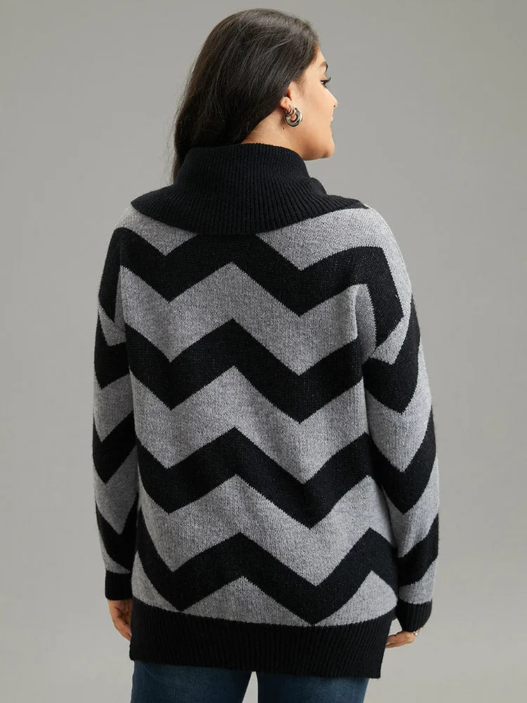 Geo Striped Turtle Neck Drop Shoulder Pullover