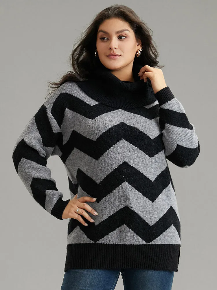 Geo Striped Turtle Neck Drop Shoulder Pullover