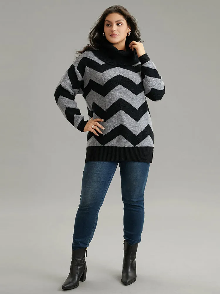 Geo Striped Turtle Neck Drop Shoulder Pullover