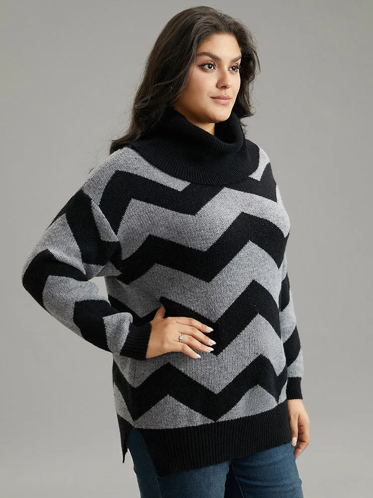 Geo Striped Turtle Neck Drop Shoulder Pullover