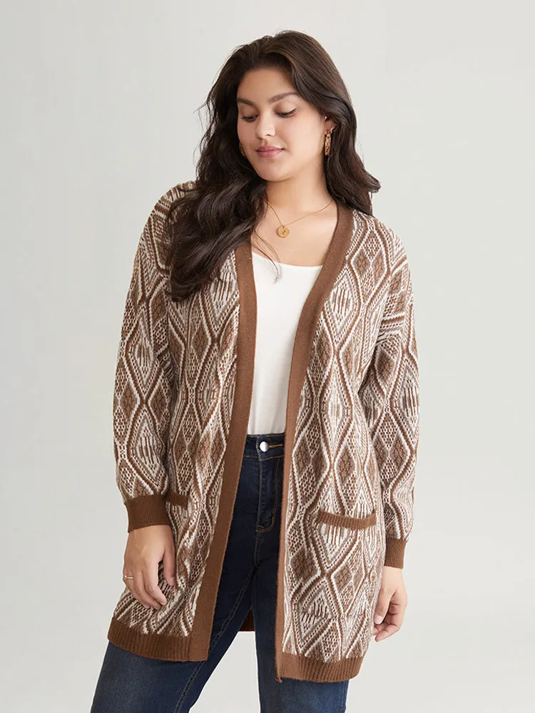 Geometric Graphic Patched Pocket Jacquard Cardigan