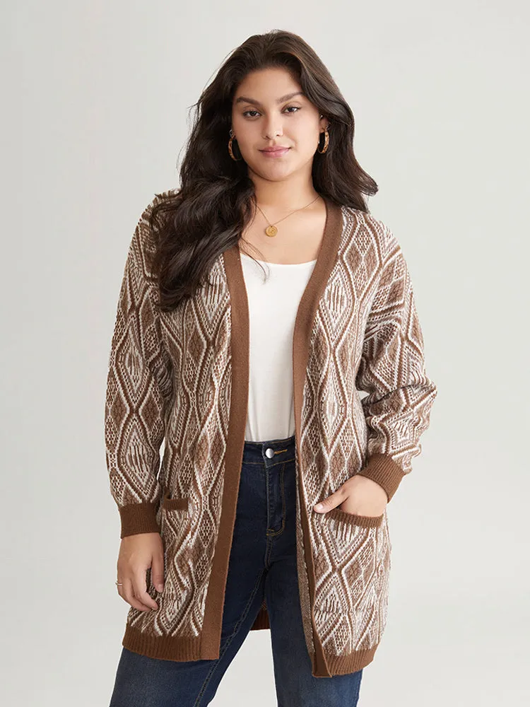 Geometric Graphic Patched Pocket Jacquard Cardigan