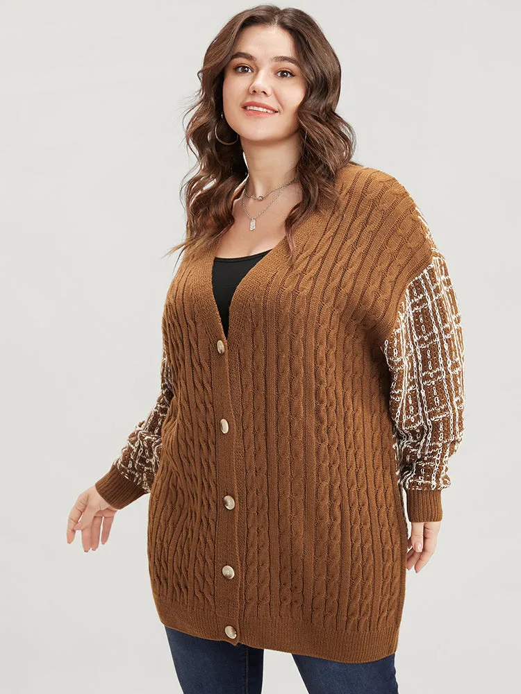 Gingham Contrast Soft Sexy Yarn Knit Cable Knit Button Front Cardigan