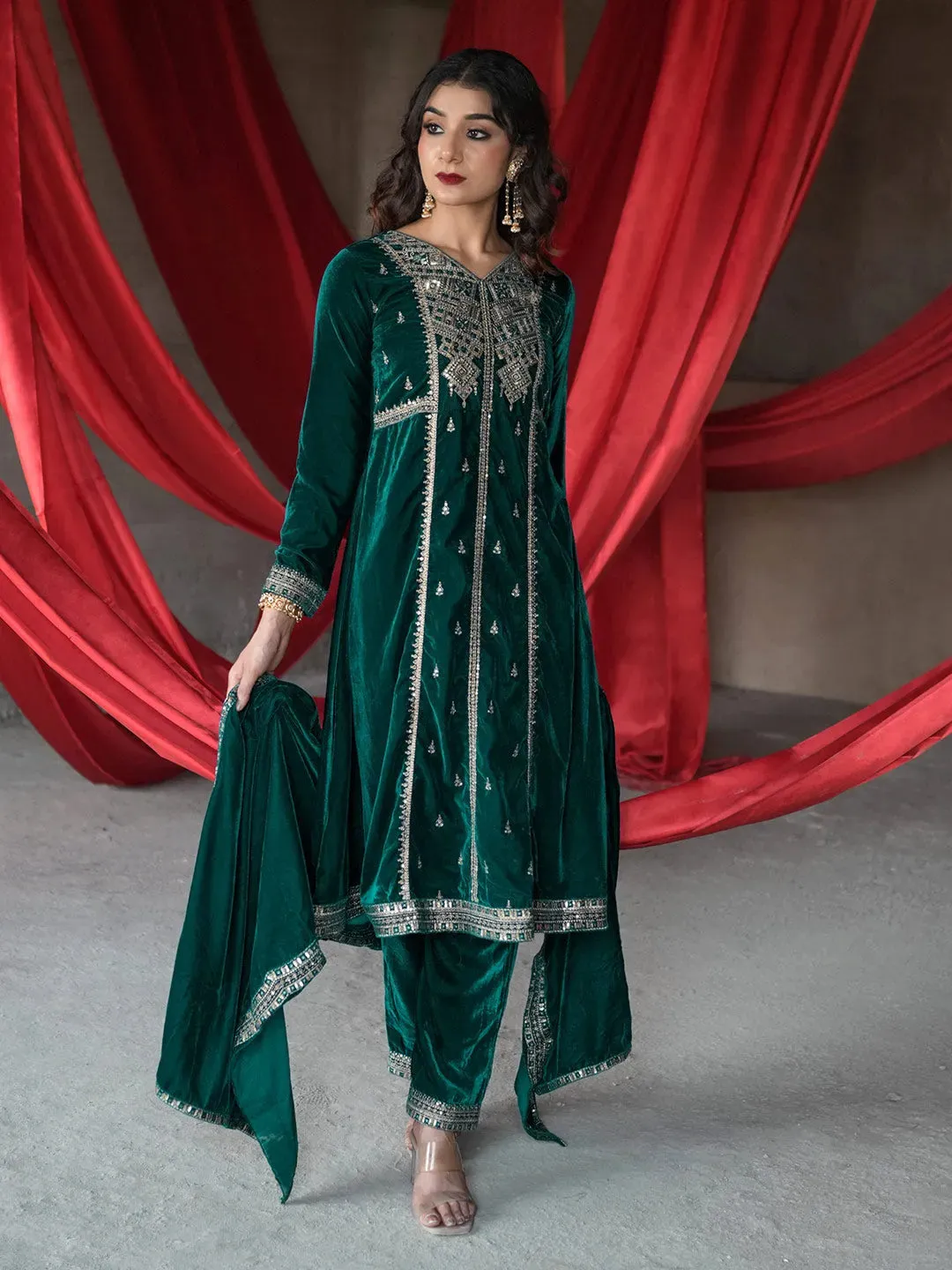 Green Embroidered Velvet A-line Kurta  With Trousers & Dupatta