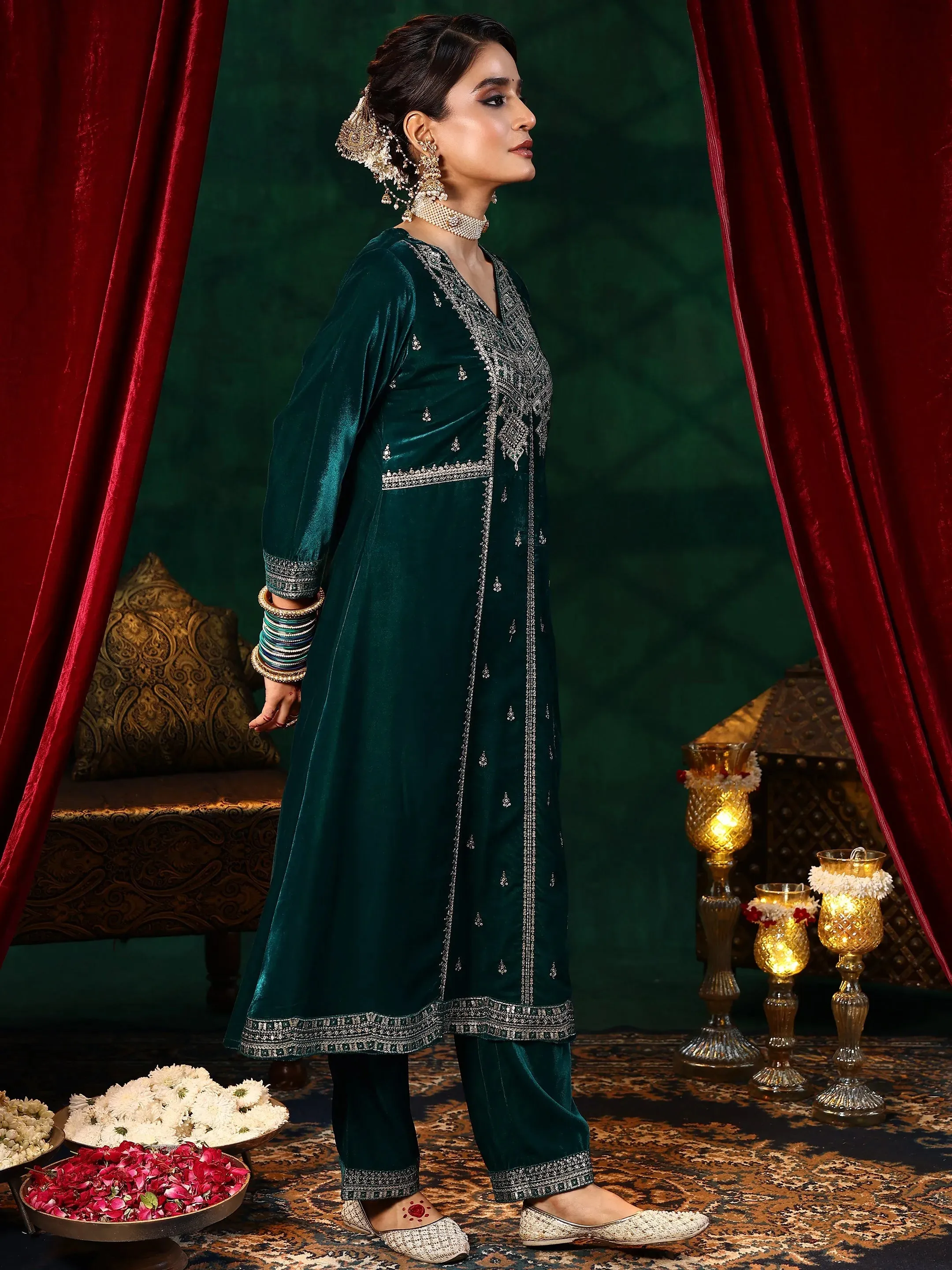 Green Embroidered Velvet A-line Kurta  With Trousers & Dupatta