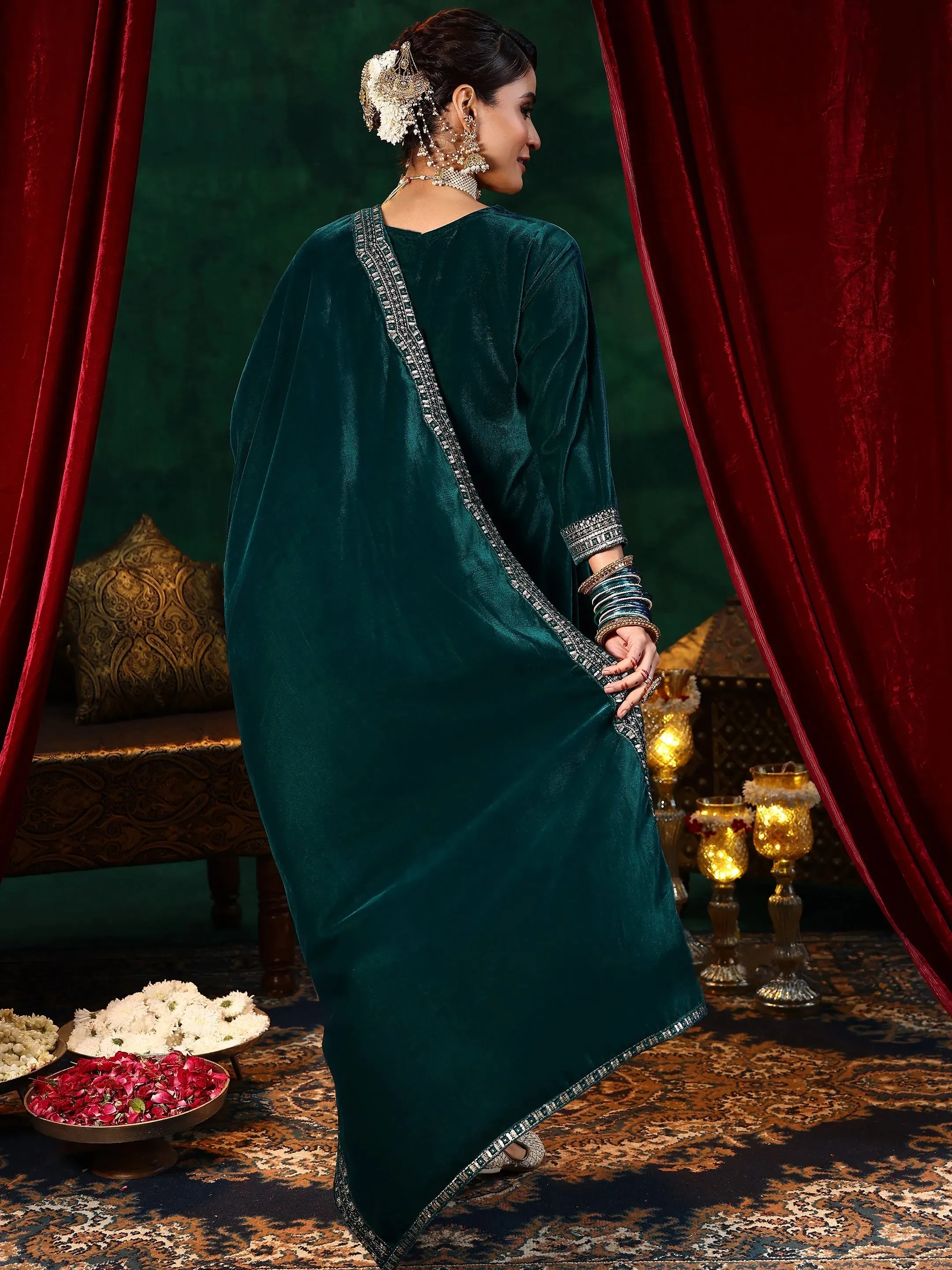 Green Embroidered Velvet A-line Kurta  With Trousers & Dupatta