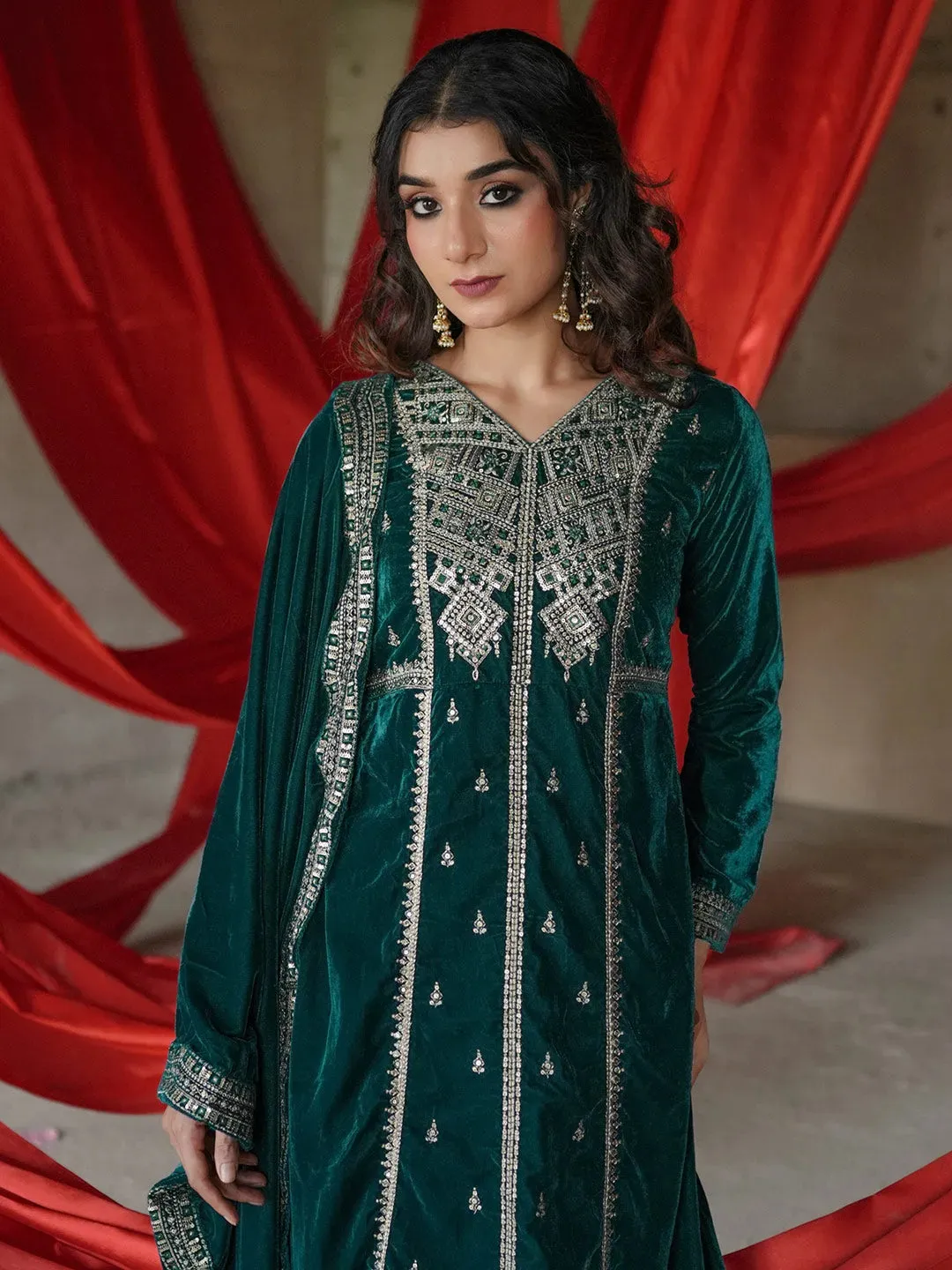 Green Embroidered Velvet A-line Kurta  With Trousers & Dupatta