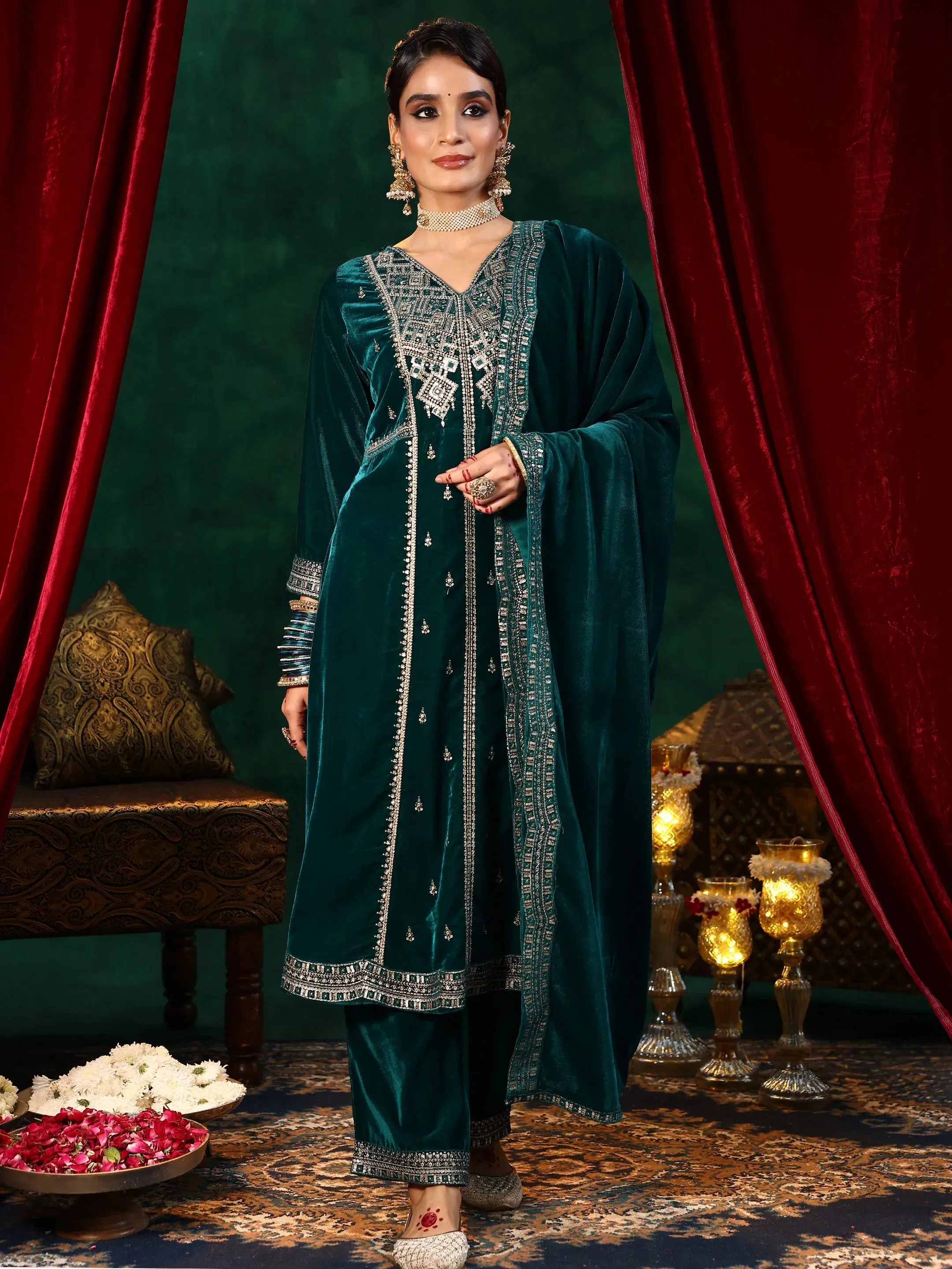 Green Embroidered Velvet A-line Kurta  With Trousers & Dupatta