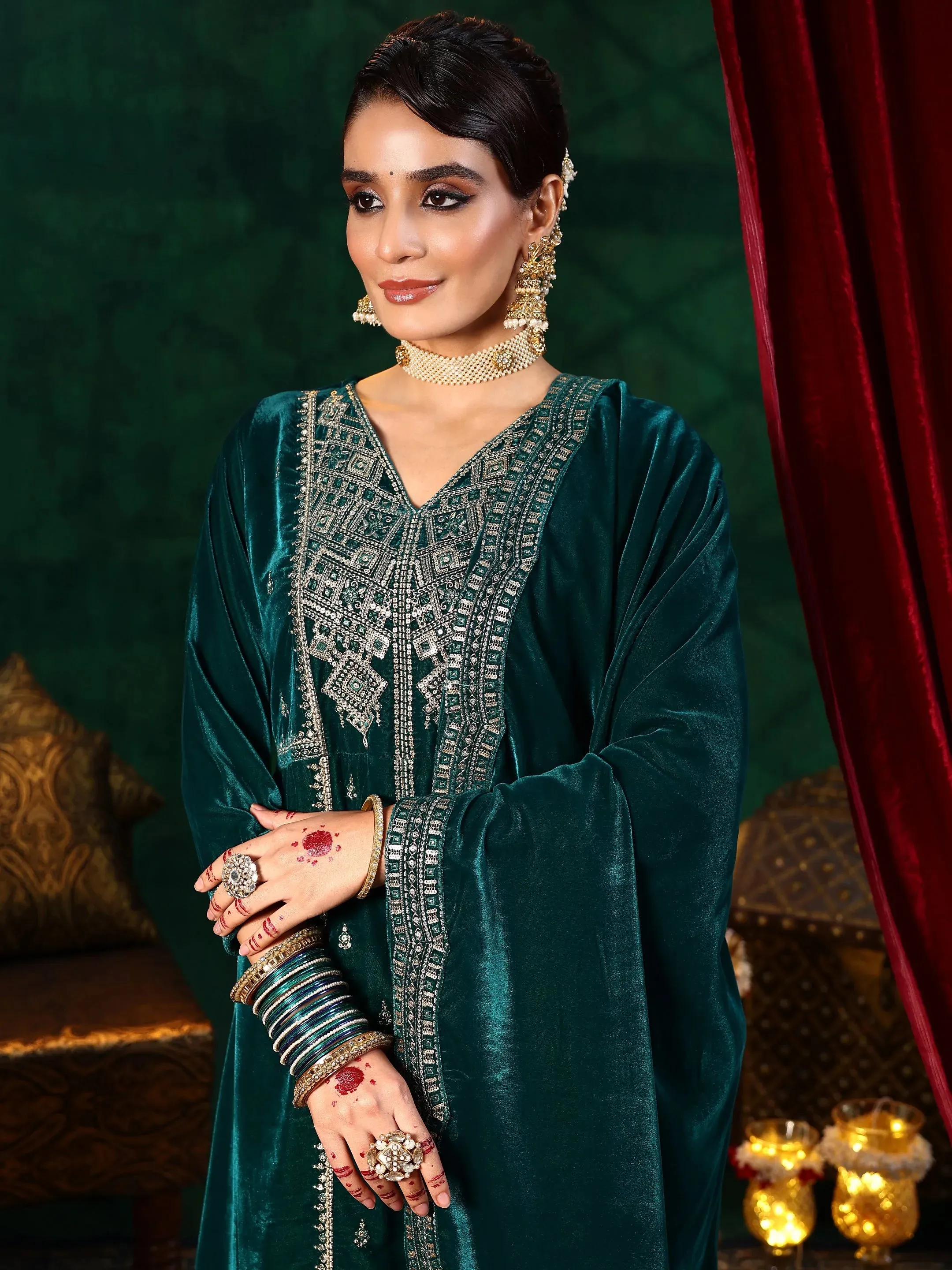 Green Embroidered Velvet A-line Kurta  With Trousers & Dupatta