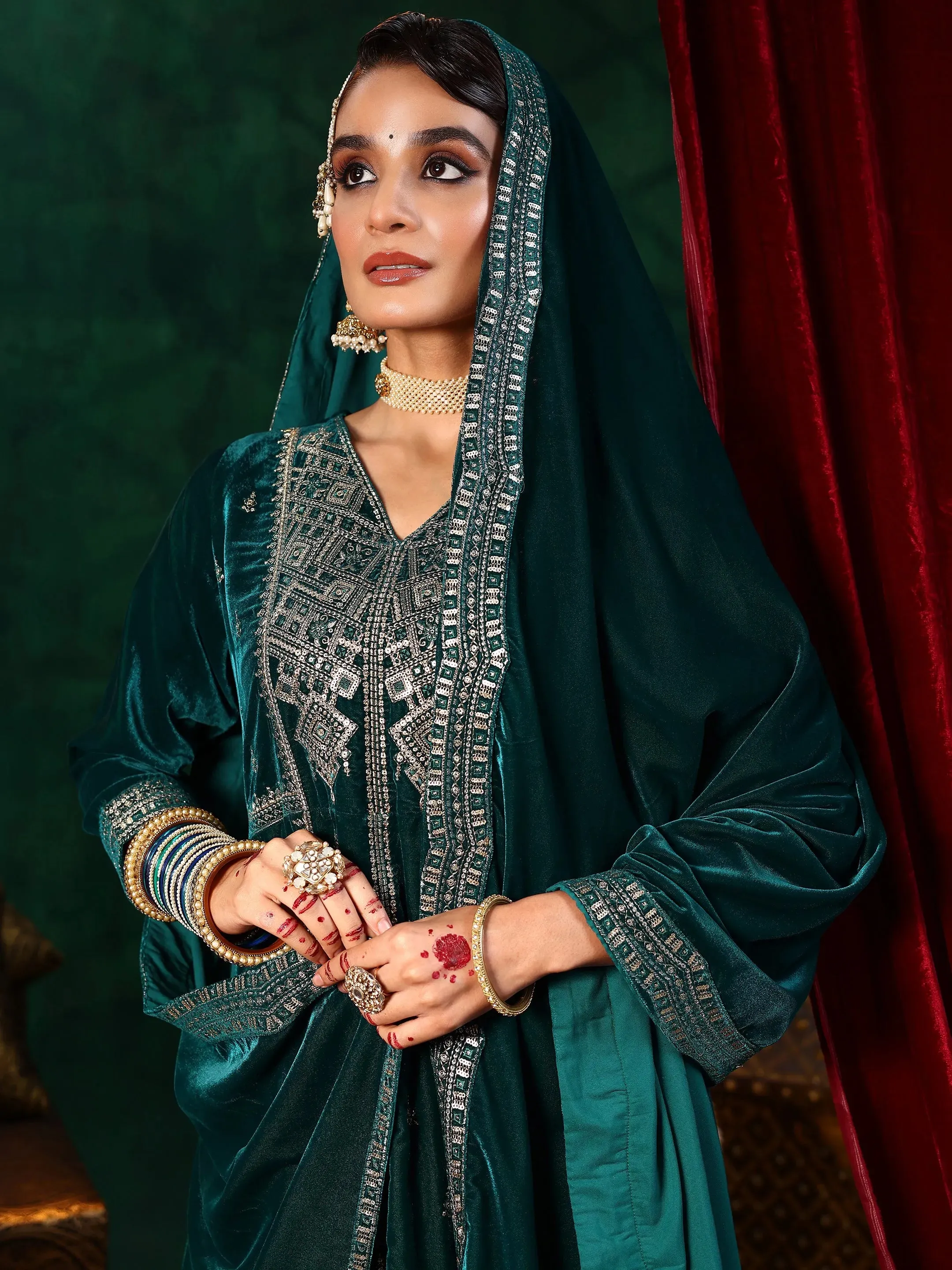 Green Embroidered Velvet A-line Kurta  With Trousers & Dupatta