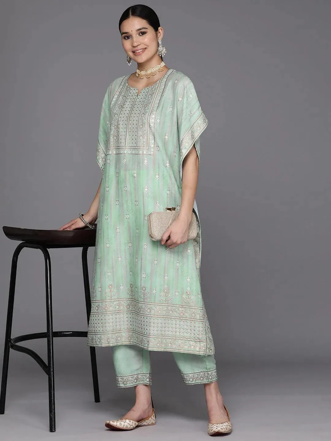 Green Printed Silk Blend Kaftan Kaftan With Trousers