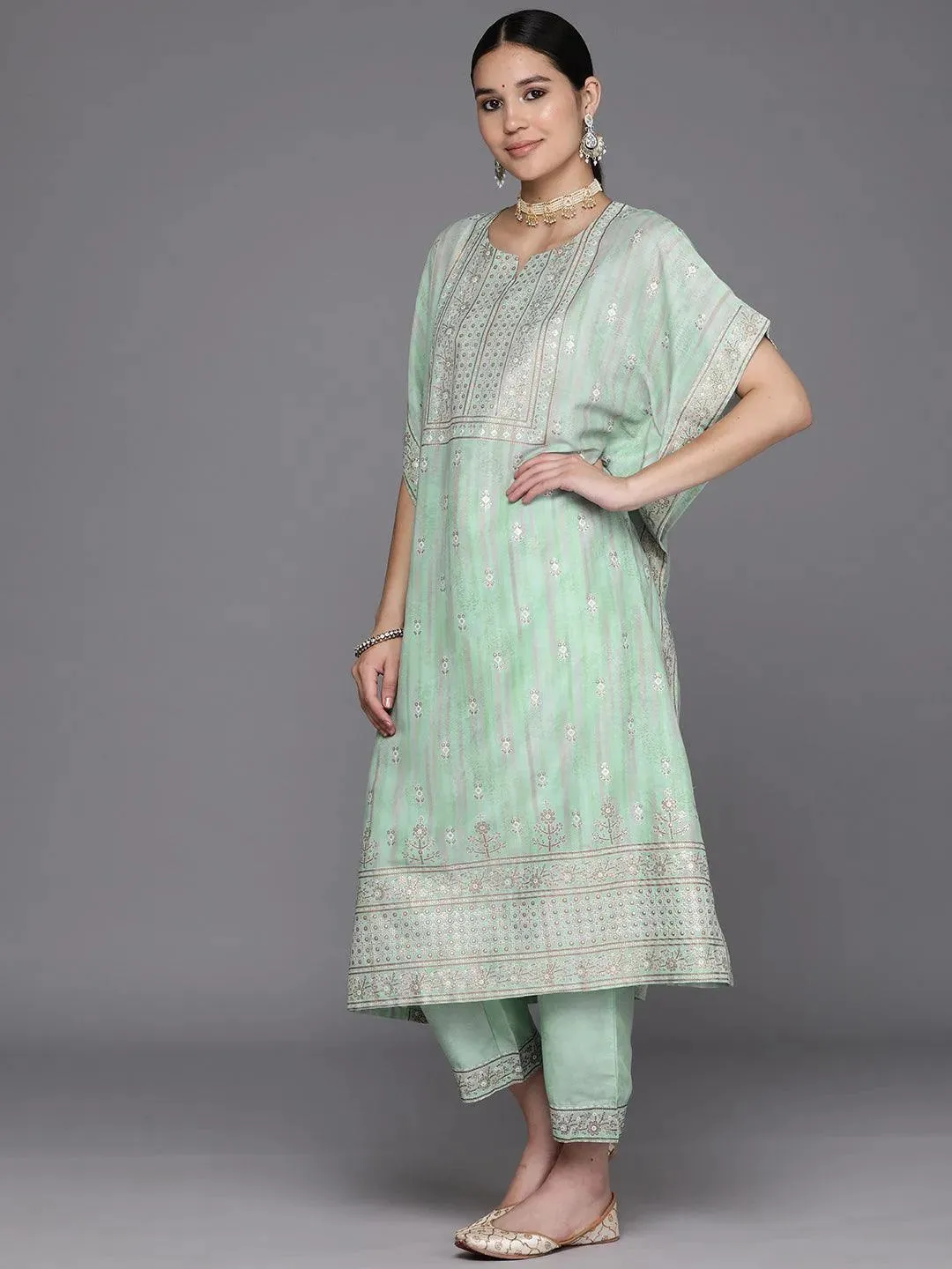 Green Printed Silk Blend Kaftan Kaftan With Trousers