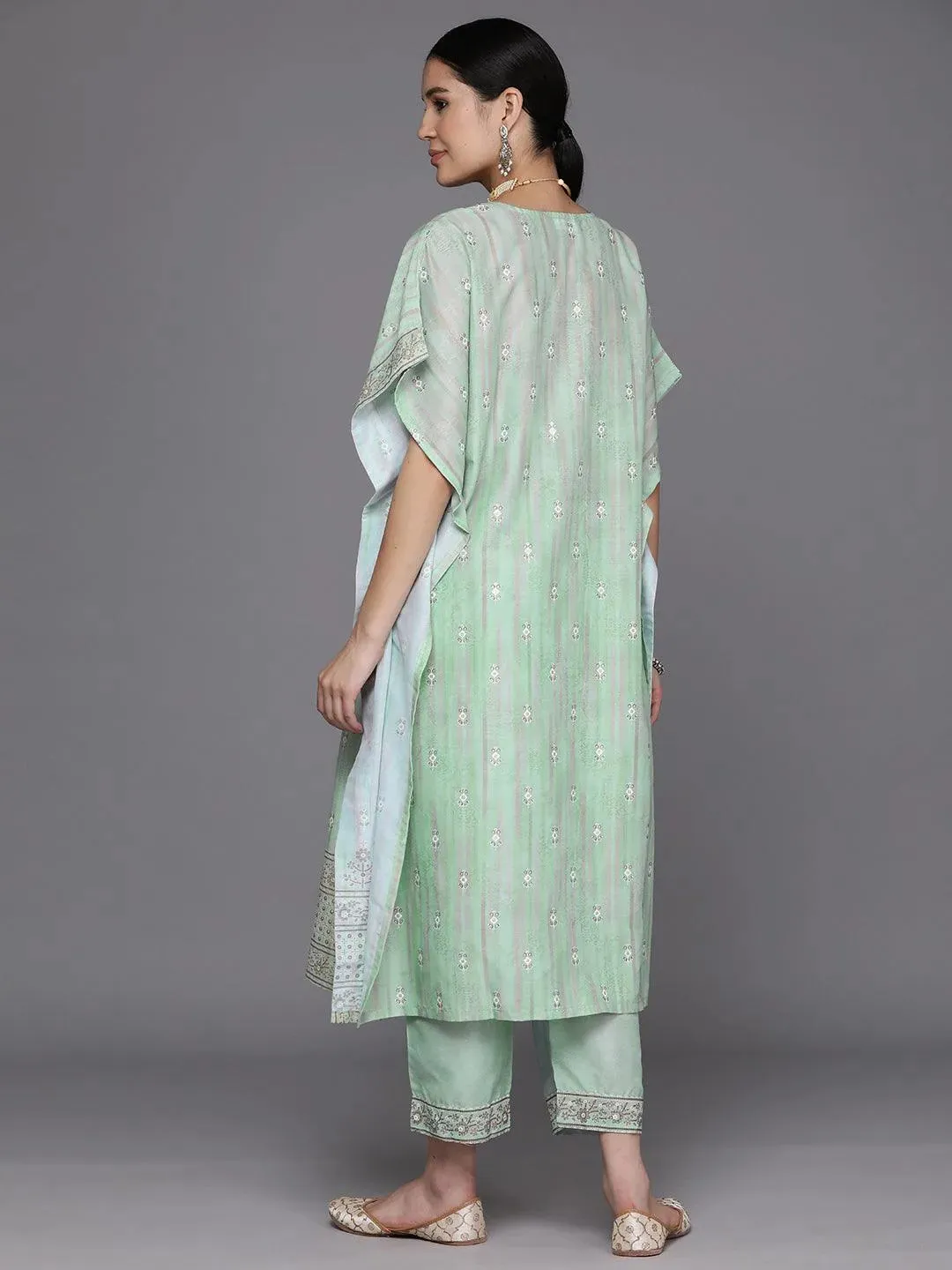 Green Printed Silk Blend Kaftan Kaftan With Trousers