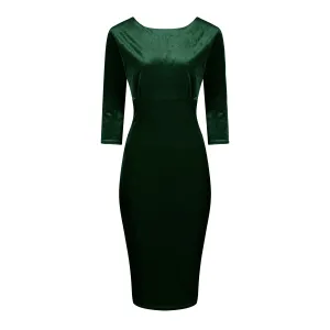 Green Velour Boatneck 3/4 Sleeve Bodycon Gathered Waist Wiggle Dress