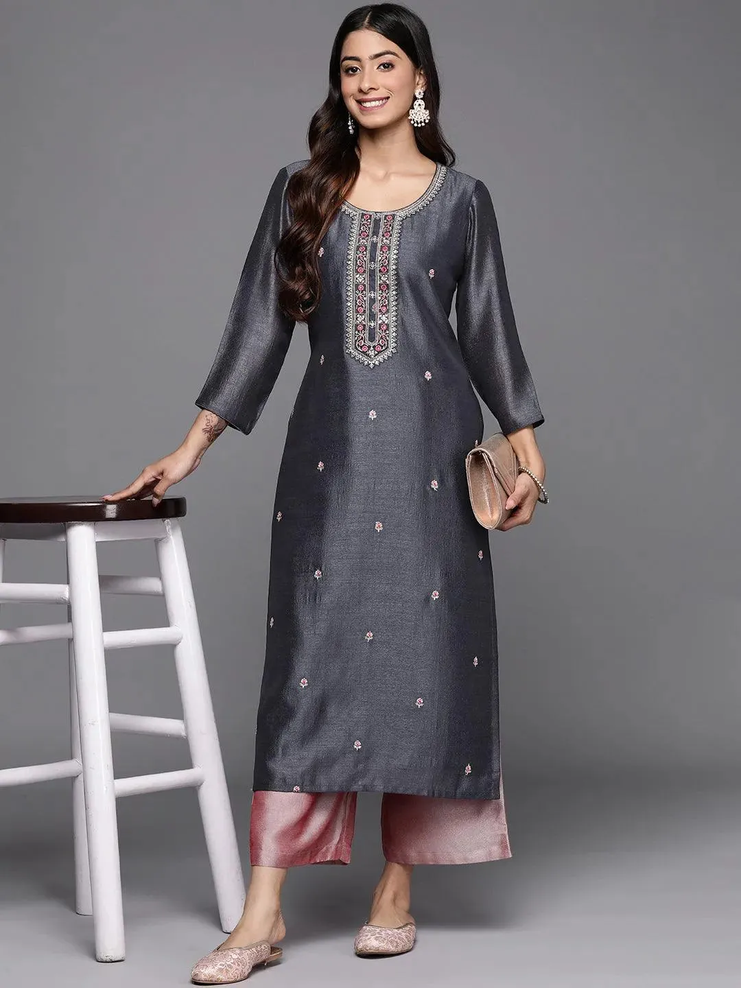 Grey Embroidery Silk Straight Kurta