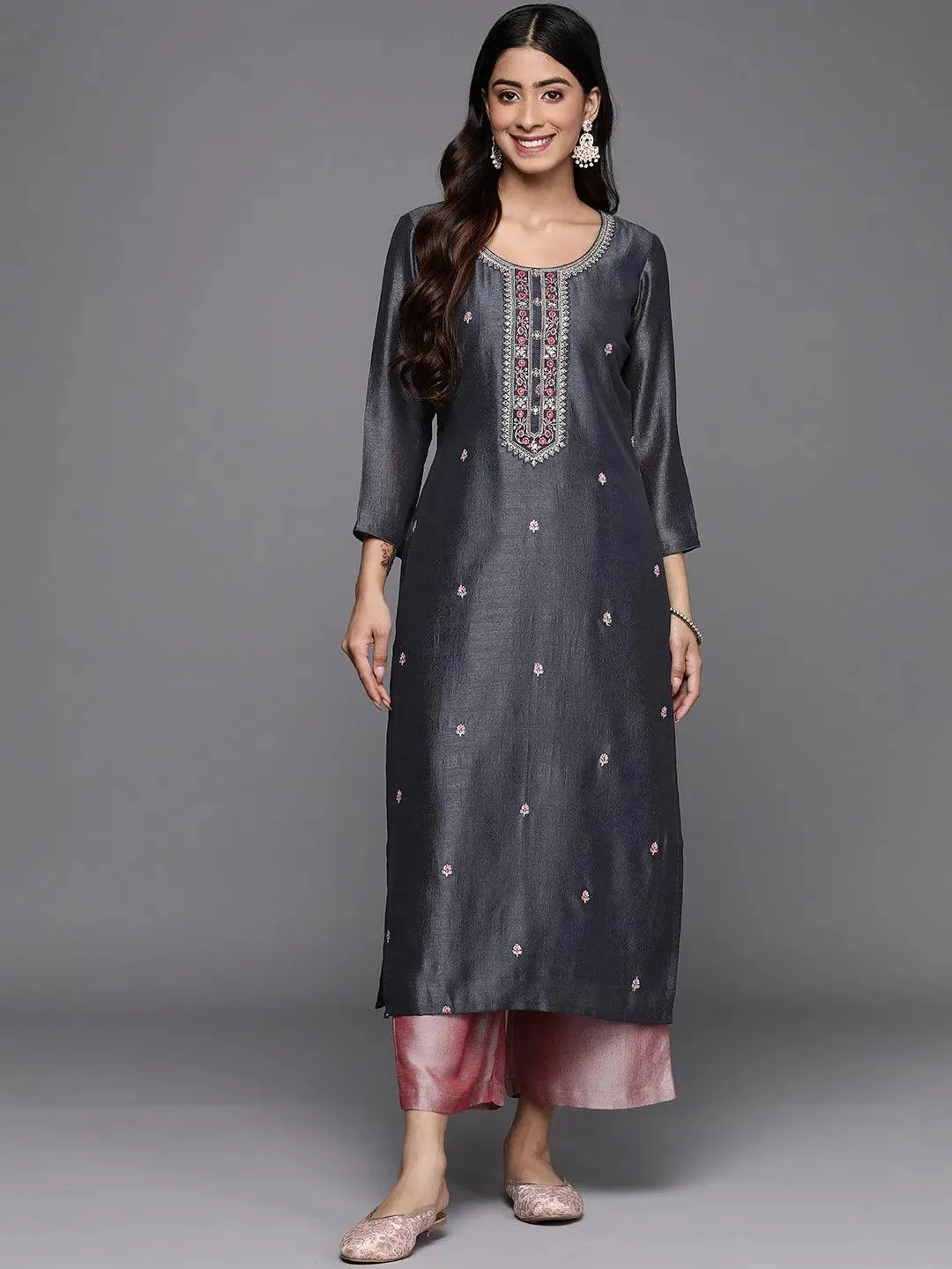 Grey Embroidery Silk Straight Kurta