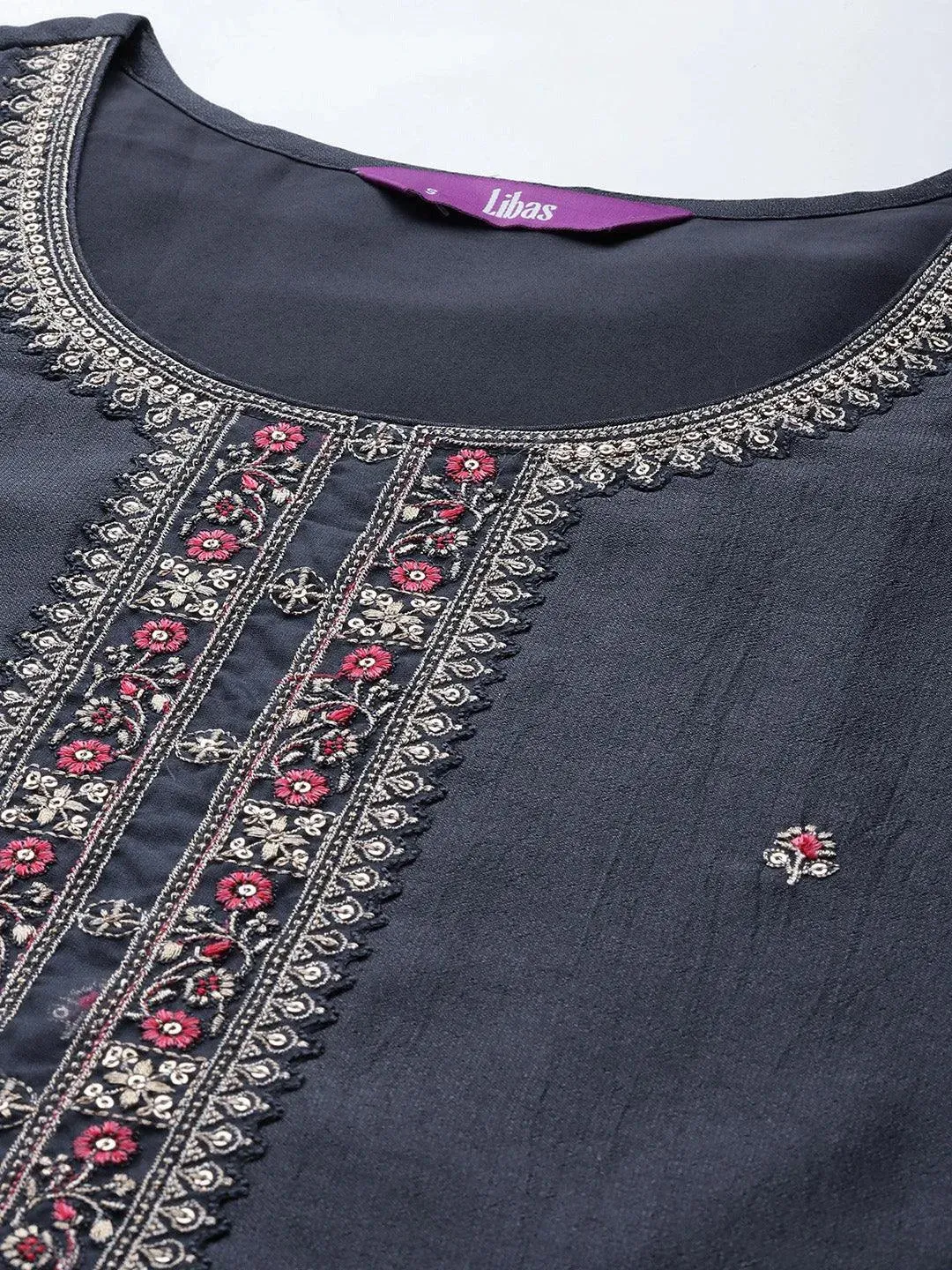 Grey Embroidery Silk Straight Kurta