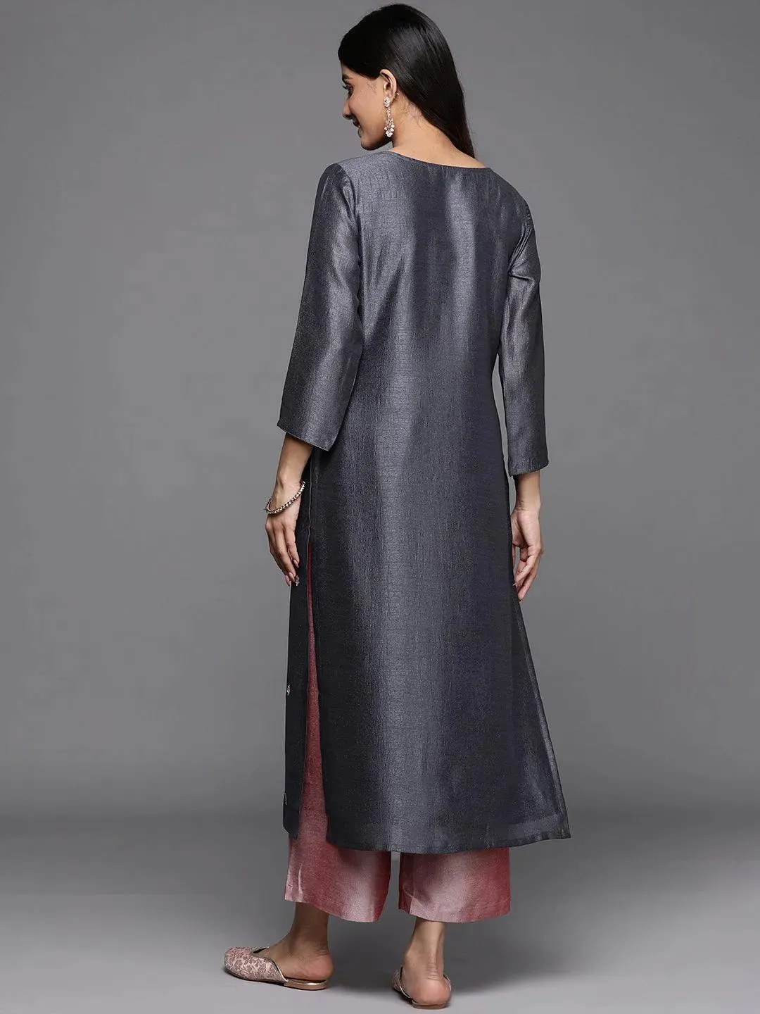 Grey Embroidery Silk Straight Kurta