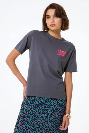 Grey with Neon Coral Smile Back Slogan T-Shirt