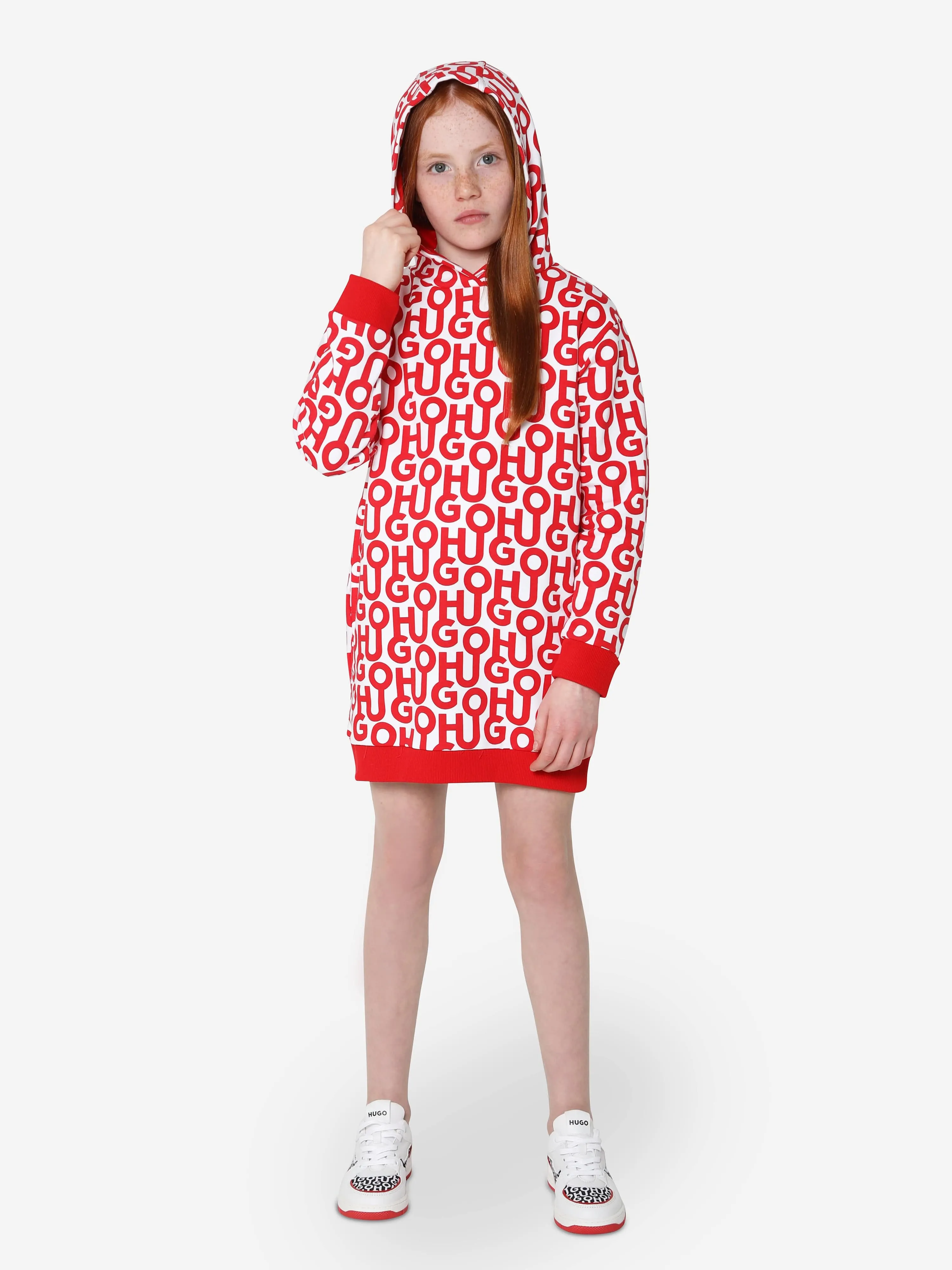 Hugo Girls Logo Print Hooded Dress in Red