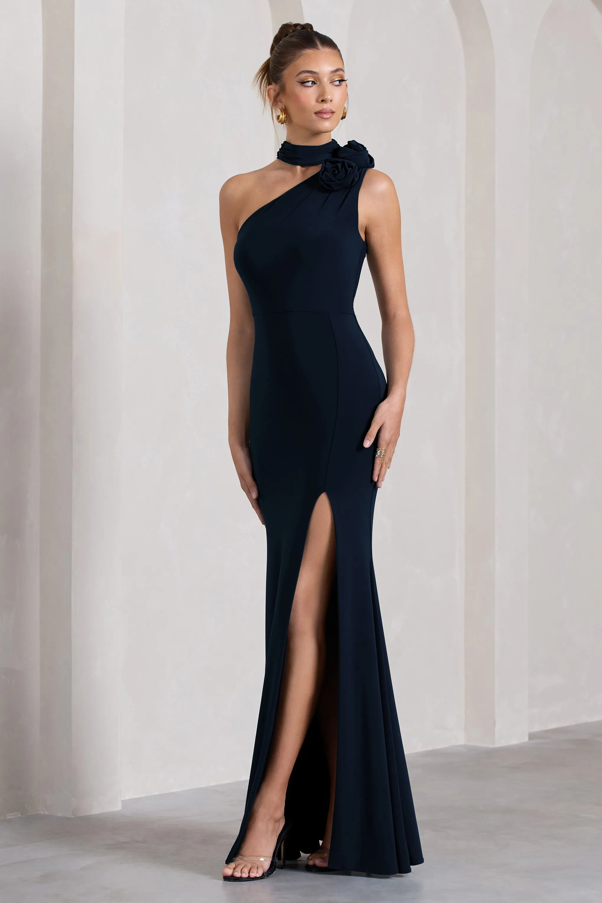 In Suspense | Navy One Shoulder Halter-Neck Split Maxi Dress With Flower