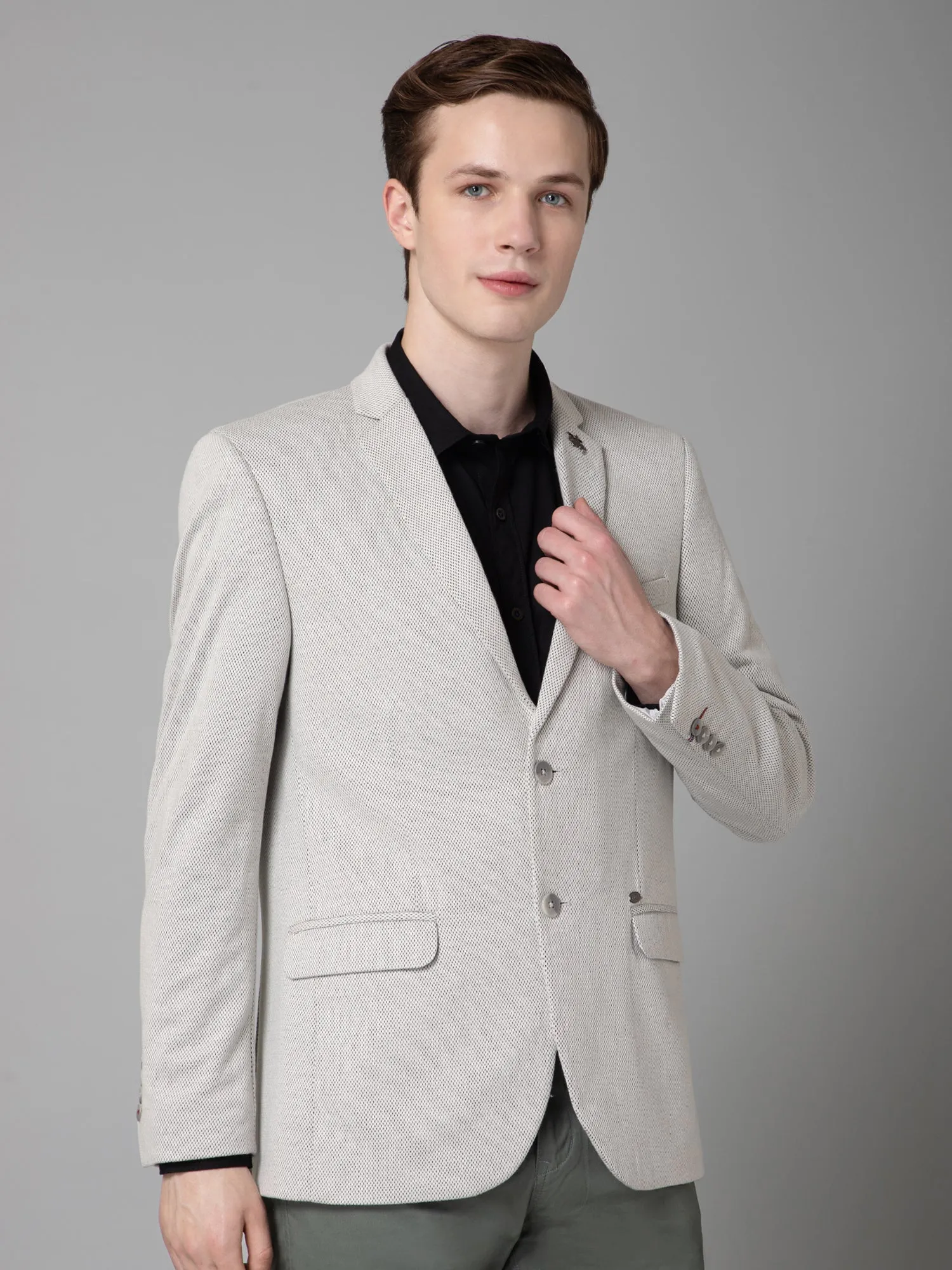 Ivory Self Design Full Sleeves Casual Blazer For Men