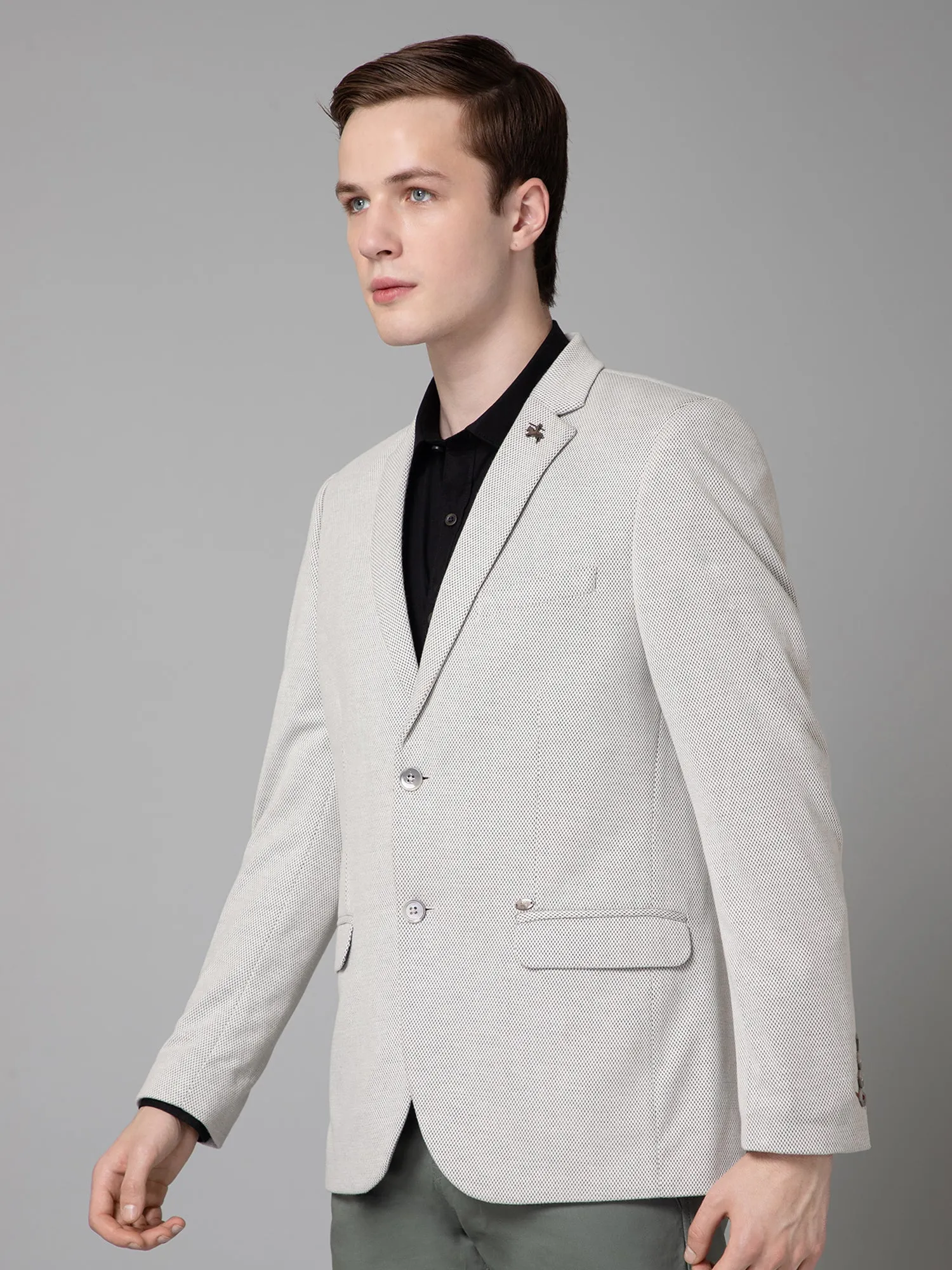 Ivory Self Design Full Sleeves Casual Blazer For Men