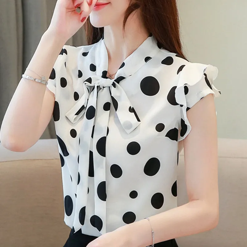 Joskaa Christmas Gift Summer 2024 Elegant Women Blouse Short Sleeve Bow V-neck Casual Women Clothing Polka Dot Fashion Womens Tops and Blouses 5556 50