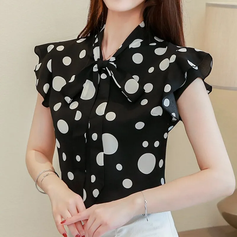 Joskaa Christmas Gift Summer 2024 Elegant Women Blouse Short Sleeve Bow V-neck Casual Women Clothing Polka Dot Fashion Womens Tops and Blouses 5556 50