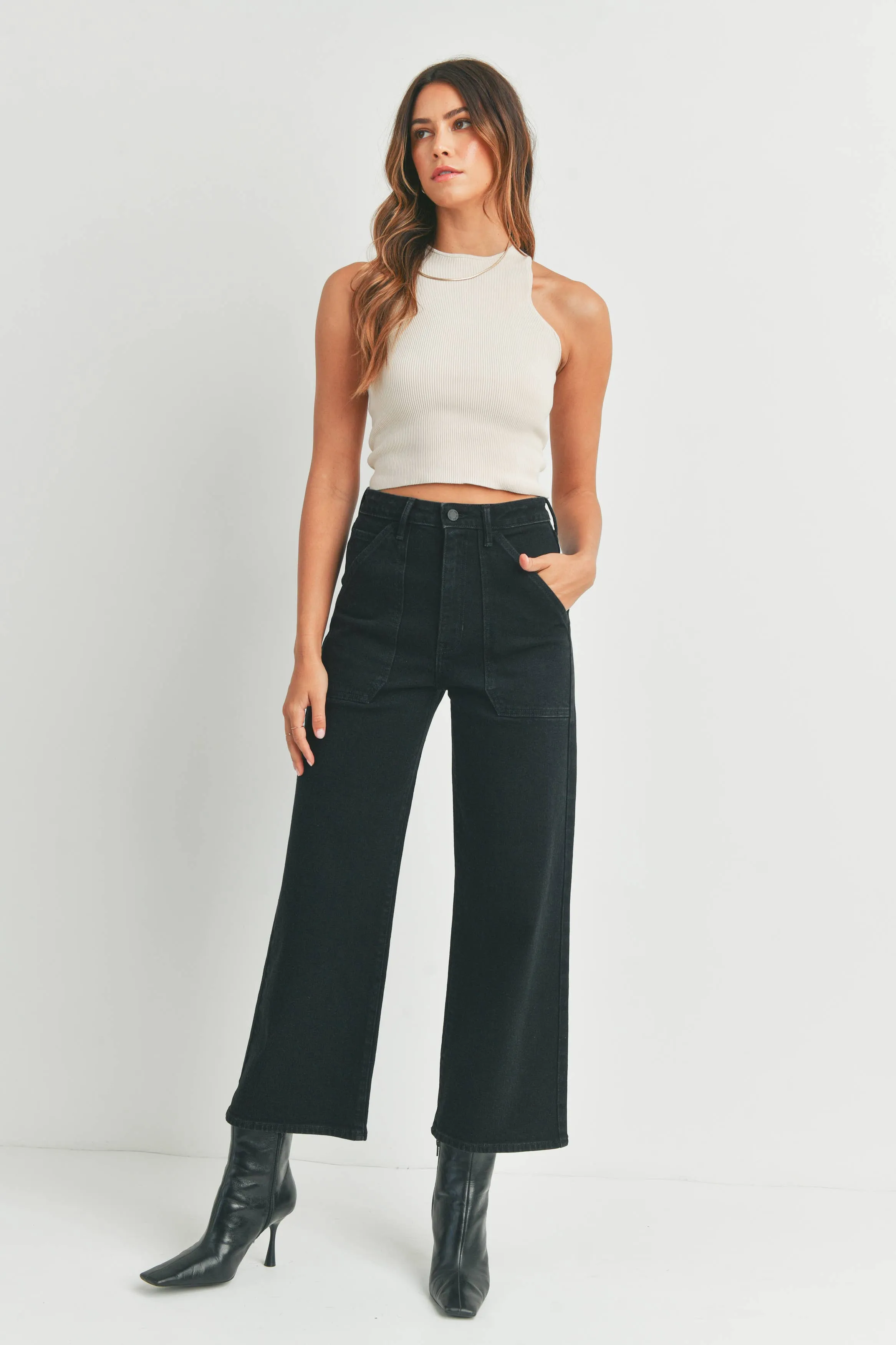 Just Black Denim | Black Cargo Pocket Wide Leg Jean