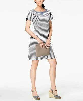 Karen Scott Cotton Striped Button-Accent Dress, Size PP