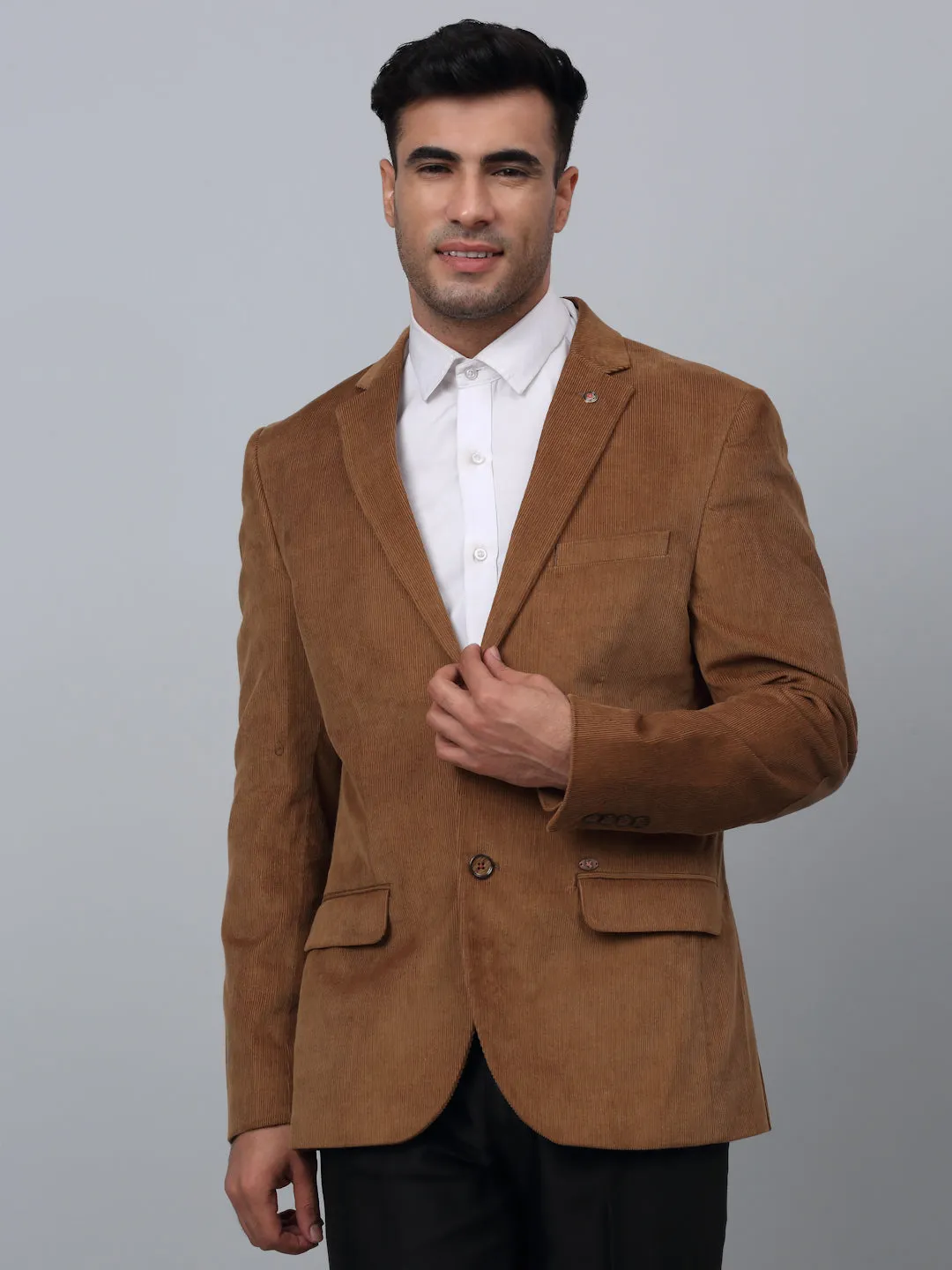 Khaki Solid Full Sleeves Formal Blazer For Men