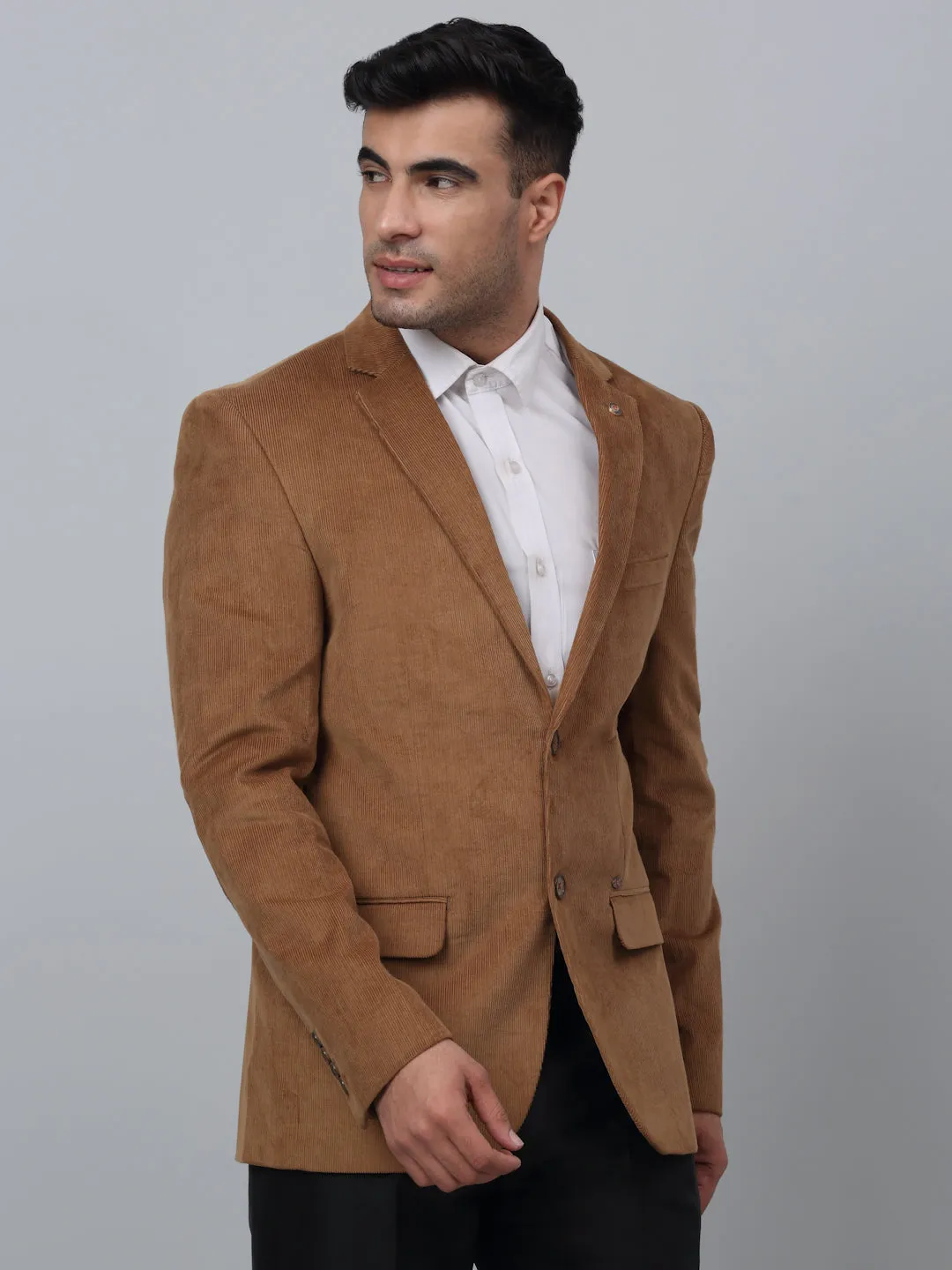 Khaki Solid Full Sleeves Formal Blazer For Men