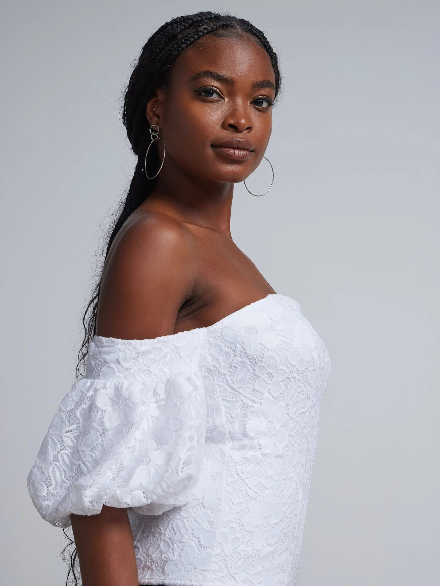 Lace Off-The-Shoulder Puff-Sleeve Corset Blouse