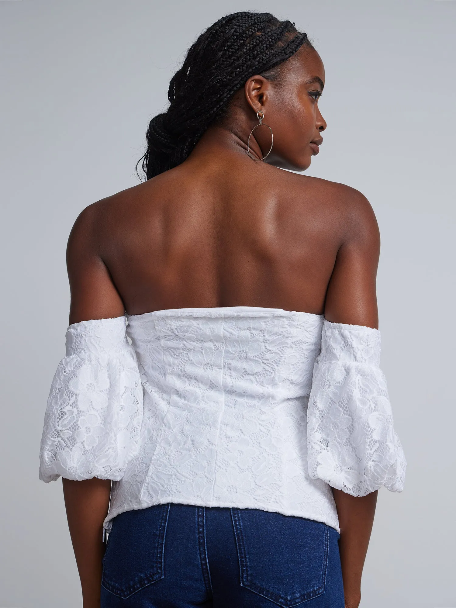 Lace Off-The-Shoulder Puff-Sleeve Corset Blouse