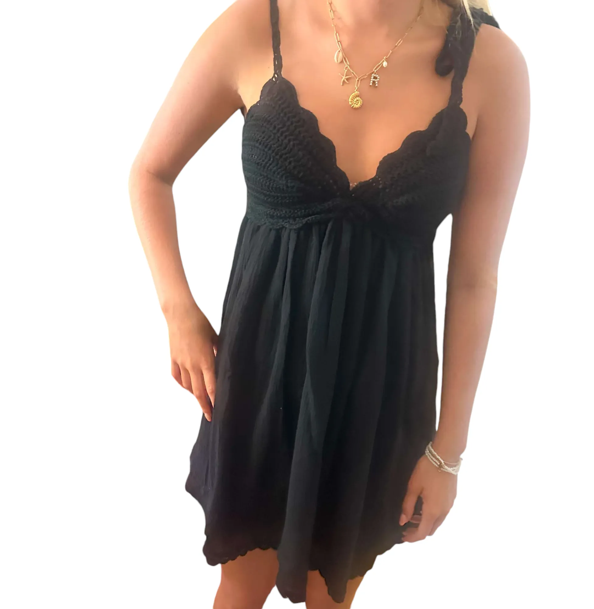 Lace-Trimmed Black Knit Mini Dress with Adjustable Straps