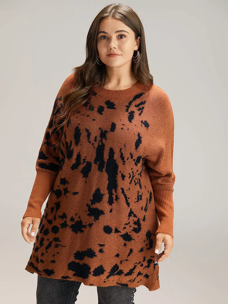 Leopard Batwing Sleeve Split Hem Pullover