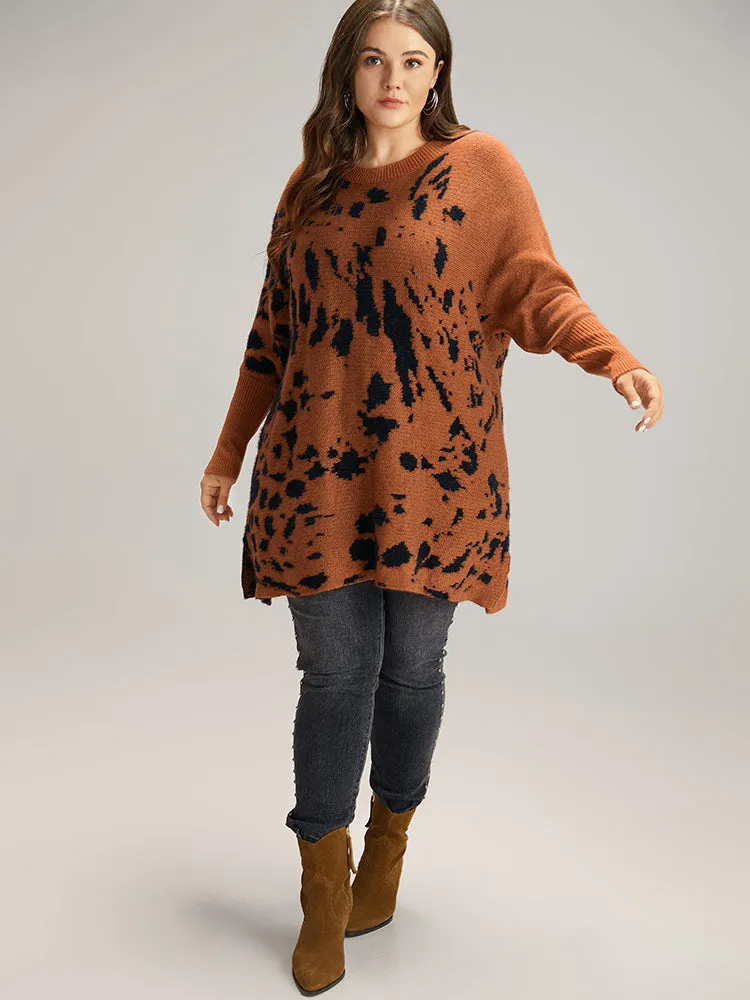 Leopard Batwing Sleeve Split Hem Pullover