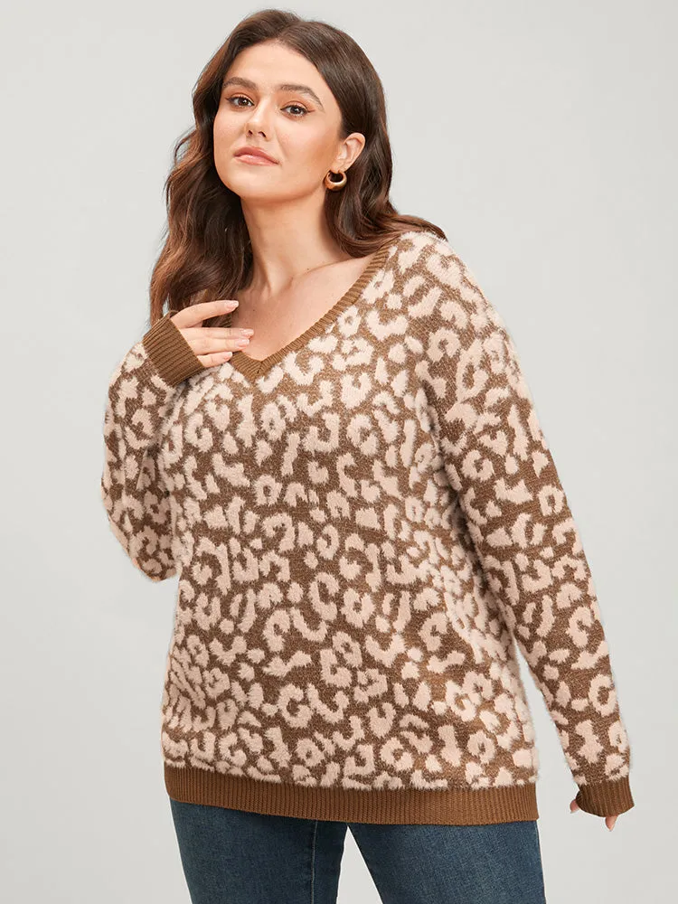 Leopard Pointelle Knit V Neck Fluffy Knit Top