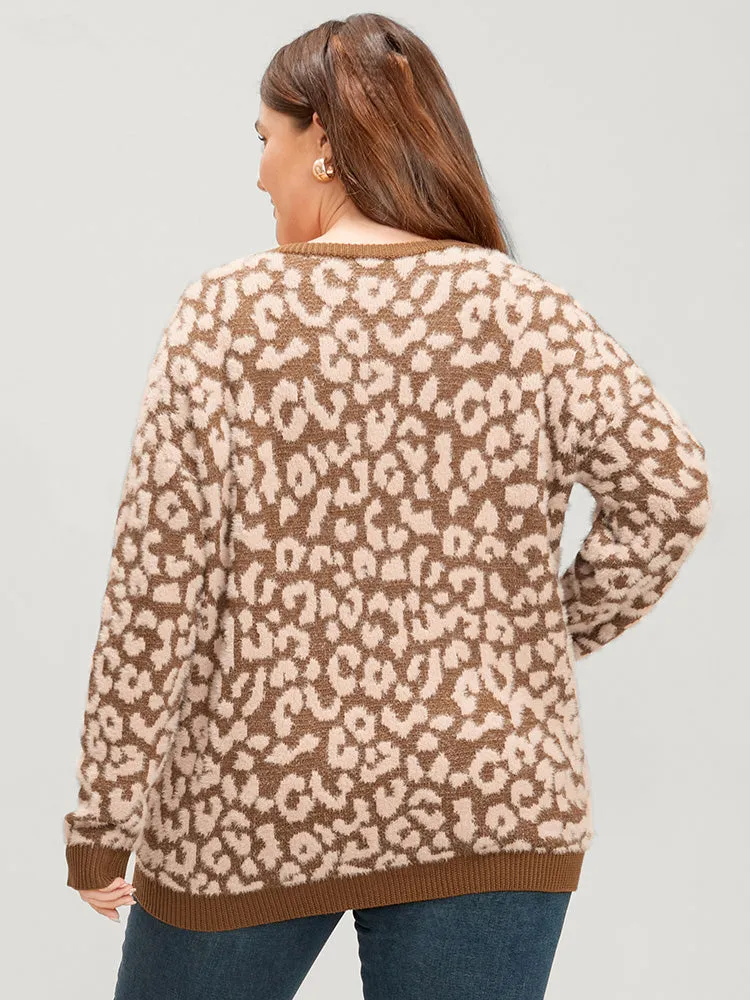 Leopard Pointelle Knit V Neck Fluffy Knit Top