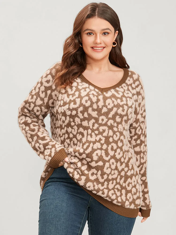 Leopard Pointelle Knit V Neck Fluffy Knit Top