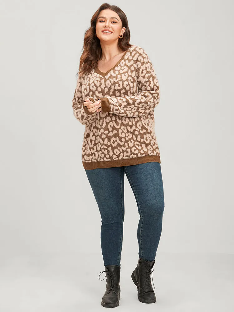 Leopard Pointelle Knit V Neck Fluffy Knit Top