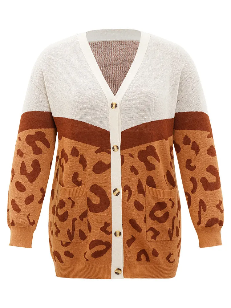 Leopard Print Contrast Button Down Patched Pocket Cardigan