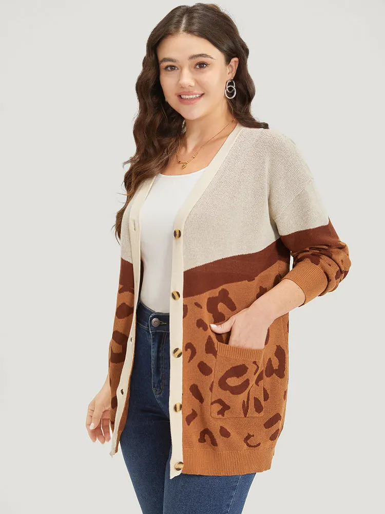 Leopard Print Contrast Button Down Patched Pocket Cardigan